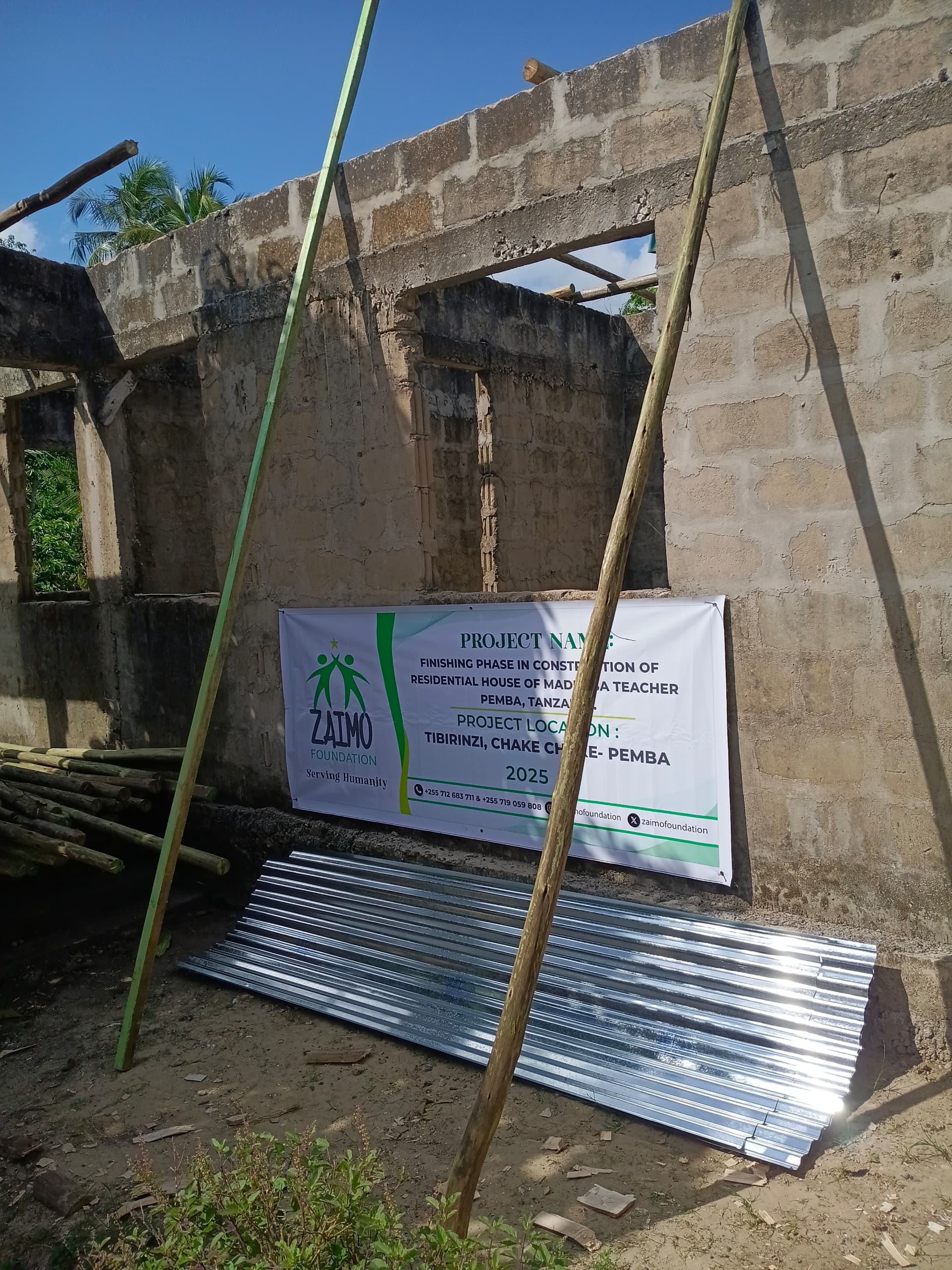 Construction site and roofing sheets for the residential house of a teacher in Tibirinzi, Chake Chake, Pemba